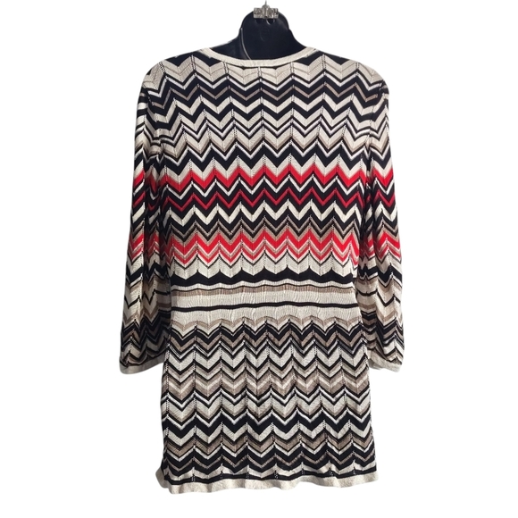 White House Black Market Black White Red Chevron Knit Sweater Cardigan Boho Sz L - Picture 3 of 10